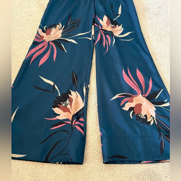 New ZARA Teal Satin Wide Leg Tropical Floral Print Pants - Picture 9 of 10